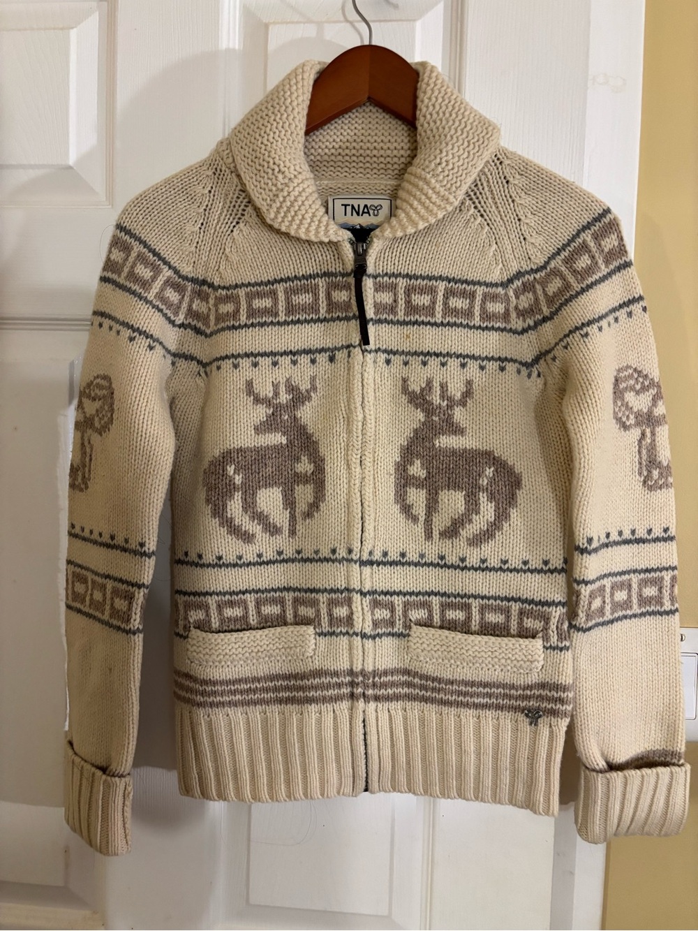 TNA Cream Zip-Up Knitter Deer Cardigan